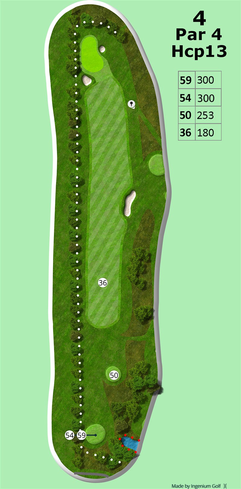 Hul 4
Et kort par 4 hul på 300m fra tee 59/54 og 253m fra tee 50. Der er out-of-bounds op langs hele venstre side kun 10m fra fairwaykanten. En green der er beskyttet af en bunker foran og en bunker på højre side. For ikke at glemme de mange små kuperinger på green, der kan give nogle meget interessante putts.<br><br>