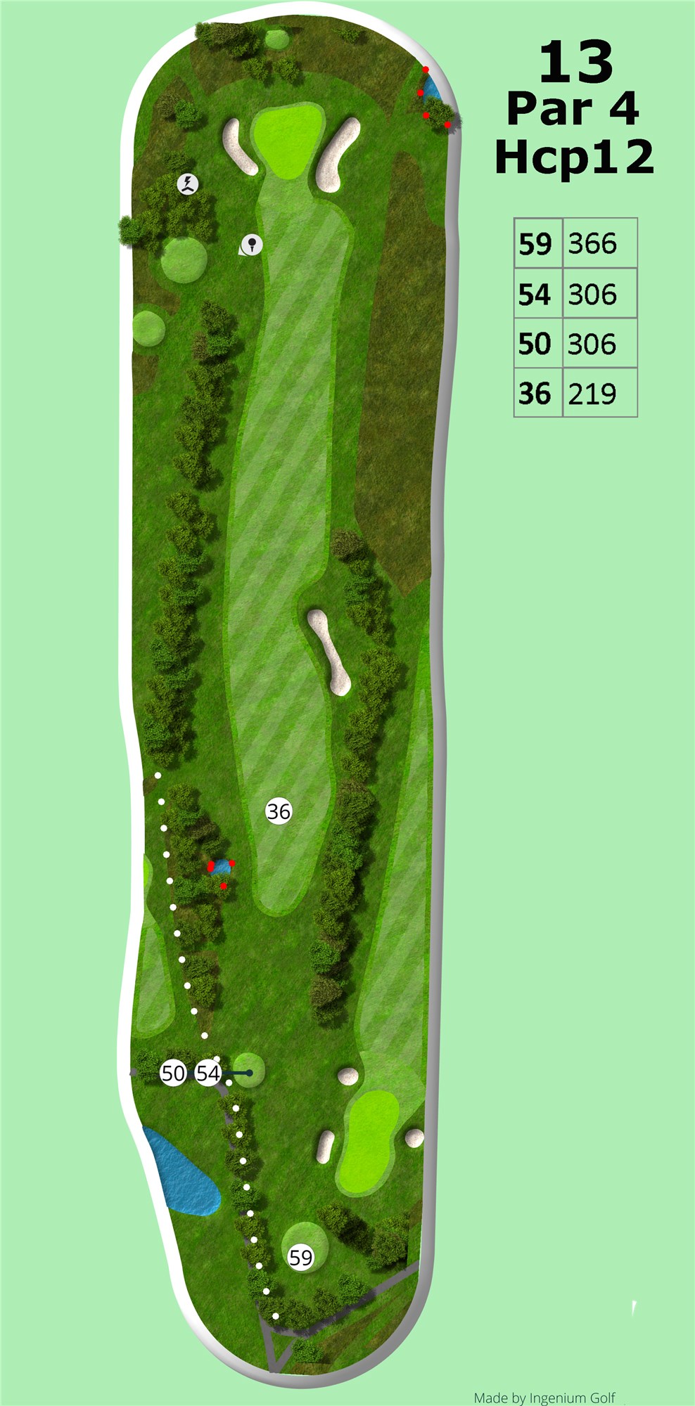 Hul 13
Startende med et op ad bakke drive og en stor bunker i højre side. Kan dette par 4 hul på 366m fra tee 59 og 306m fra tee 54/50. Oftest virker det længere end det egentlig er. <br><br>