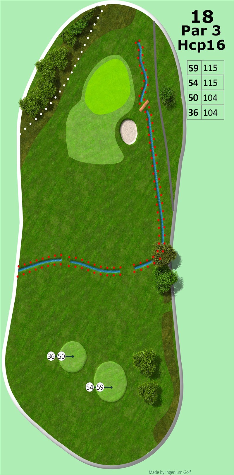 Hul 18
Et par 3 hul på 115 fra tee 59/54 og 104 fra tee 50. Man slår hen over en slugt, hvor der er et vandløb, op på den absolut sværeste green at putte på, på hele golfbanen. Den hælder voldsomt fra venstre mod højre og fra bagkant mod forkant. Bliver man fanget på den forkerte side af hullet, kan man selv med et blødt putt, godt forvente et langt returputt. Selv 30cm putts på dette hul er ikke givet. Så koncentration er påkrævet på denne green, for at få en god afslutning på runden.<br><br>