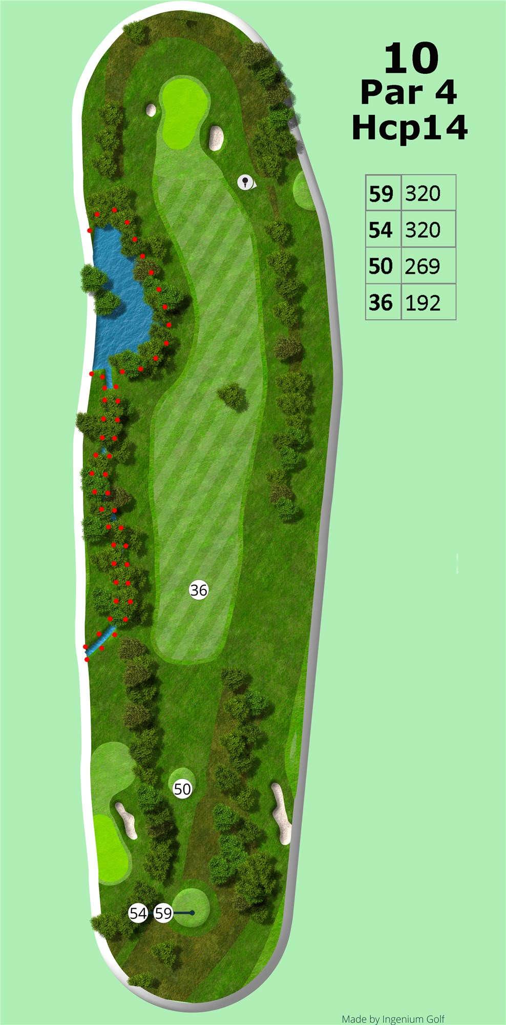 Hul 10
Dette er et kort par 4 hul på 320m fra tee 59/54 og 269m fra tee 50. Men lad dig ikke narre. Dette hul har træer op langt højre side, en bæk langs venstre side og en stor sø tæt ved green. For ikke at glemme den store bunker på højre side af green. Så selvom hullet ikke er særlig langt, kan det være frygtindgydende for den skævt-slående.<br><br>