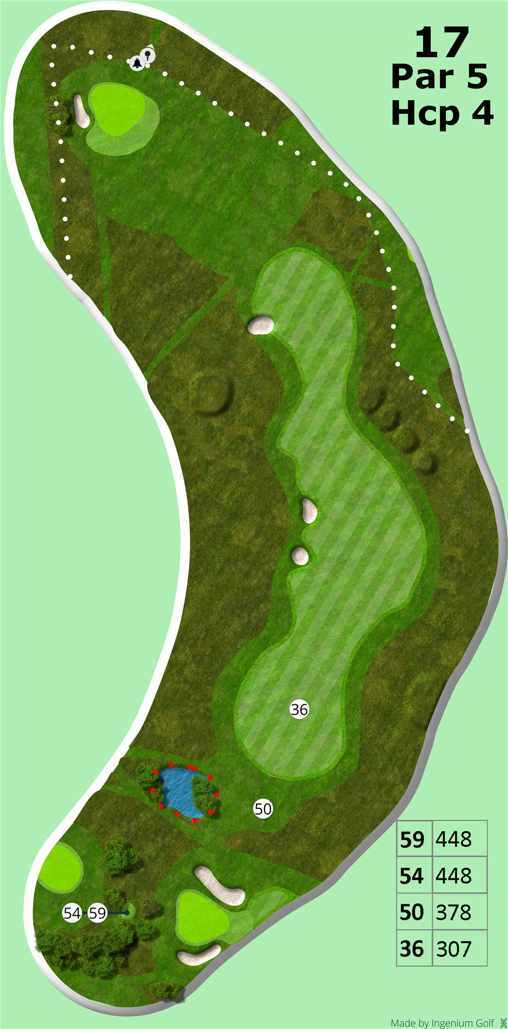 Hul 17
Et kort par 5 hul på 448m fra tee 59/54 og 378 fra tee 50. Udslaget starter med en fin udsigt ned til klubhuset og Øster-skoven i baggrunden. En lille sø tæt på teestedet er der for syns skyld, men et ”toppet” slag fra tee, kan give dig større problemer end planlagt. Ude ved den gense landingszone venter 2 bunkers på venstre side. Herefter kommer man op ad en lille bakke og her kommer hullet til sin ret. Med udsigt over Mariager fjord, byen, hul 18 og klubhuset. Herfra får man en fantastisk udsigt, som man kan nyde et kort øjeblik, inden man slår meget ned ad bakke til green. Denne er ved første øjekast nem at tilkomme, men grundet højdeforskellen, fra indspilsstedet til green, kan man komme til at slå for langt. Her venter den sværeste og dybeste greenbunker på banen.<br><br>