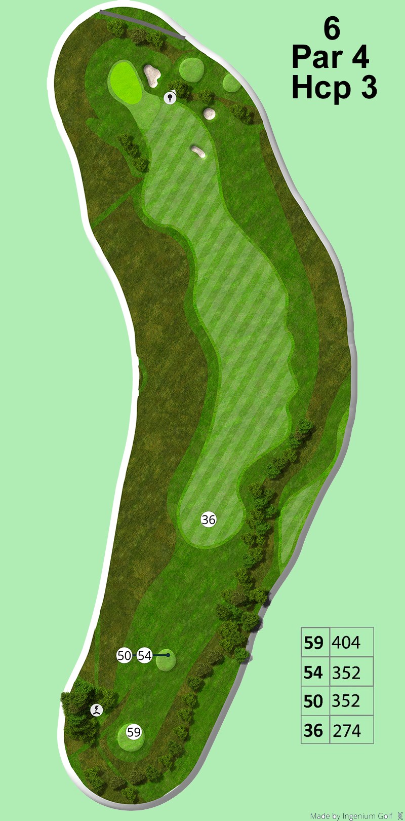 Hul 6
Et langt par 4 hul på 404m fra tee 59 og 352m fra tee 54/50. Hullet har er et dogleg venstre hul. Dette giver en chance for at få kortere til green, hvis man tør at slå langs den høje rough i venstre side af hullet. Greenen er beskyttet af en stor bunker i højre og meget vind, da den ligger på toppen af en bakke.<br><br>