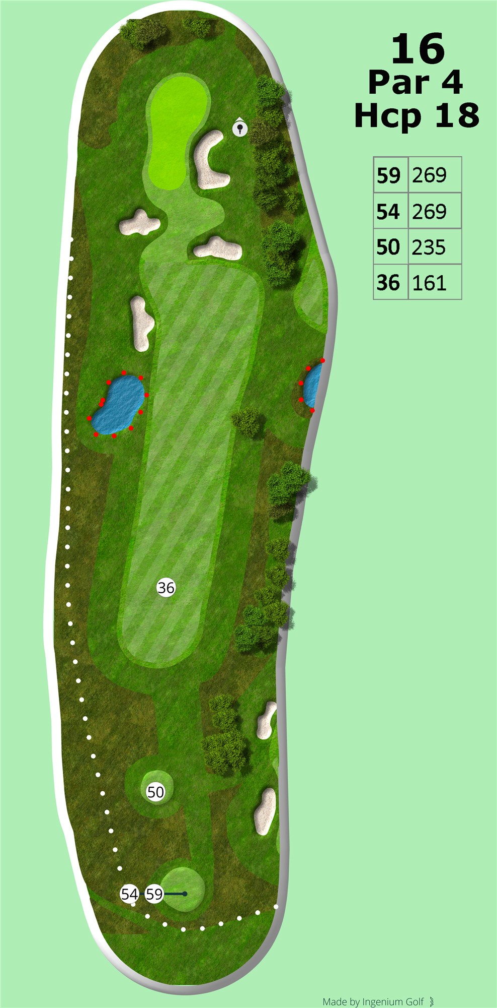 Hul 16
Et kort par 4 hul 269 fra tee 59/54 og 233 fra tee 50. En sø i venstre side af fairway og out of bounds længere ude, men ellers en god bred fairway. En god eagle-mulighed for de langt-slående. Greenen er dog forsvaret af mange store bunkers. Den bagerste del af green er meget kuperet og kan give nogle interessante putts, når hullet er placeret deroppe.<br><br>