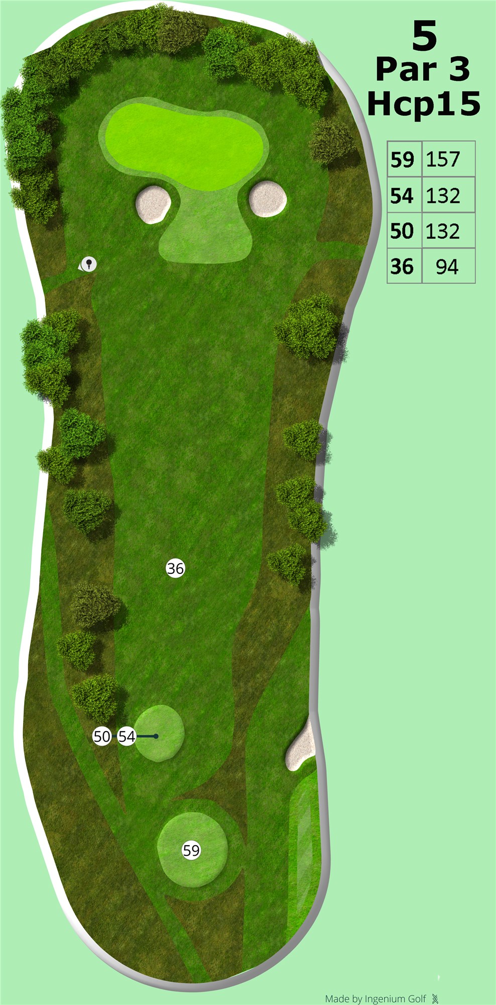 Hul 5
Et par 3 hul på 157m fra 59 og 132 fra tee 54/50. Dette hul virker lige til, med 2 store runde bunkers som dens eneste forsvar. Men green i sig selv er nærmest drejet 90 grader. Den er bredere end den er lang og giver dermed nogle meget varieret indgangsvinkler fra tee, alt afhængigt hvor hullet er placeret på green.<br><br>