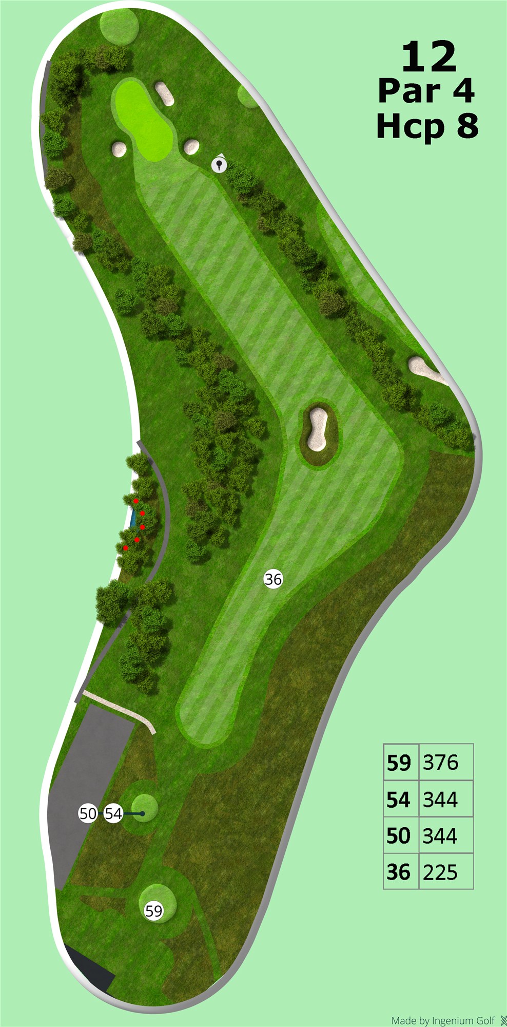 Hul 12
Et par 4 hul på 376m fra 59 og 344m fra tee 54/50. Out of bounds langs venstre side, dog er der et tæt skovstykke, til at stoppe bolden inden. Der så dog gør, at man ikke kan slå mod green. Hullet er et dogleg venstre hul. Den store bunker midt på fairway, modtager også gerne din bold. Det er et præcisionshul i udslaget. Og med en lang green beskyttet er 3 bunkers. Dit slag mod green kan derfor variere meget i længde.<br><br>