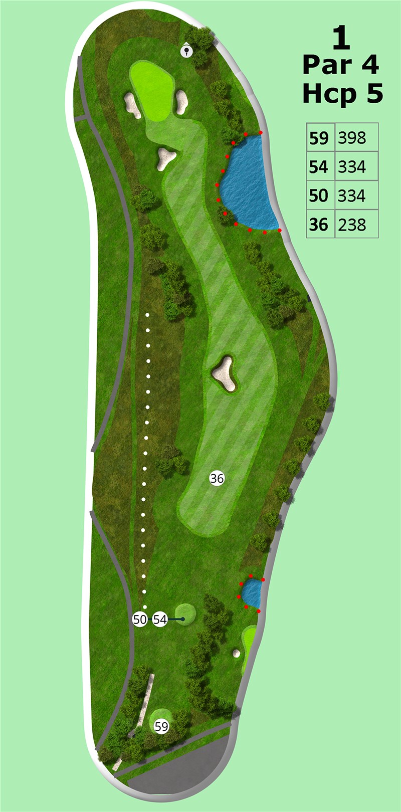 Hul 1
Hul 1 er en svær start. Det er et par 4 hul på 398m fra tee 59 og 334m fra tee 54/50. Det spilles som regel i modvind. Længere fremme på hullet kommer udfordringer, med en sø på højre side af hullet og 3 bunkers rundt om green. Green er stor og kan give interessante lange putts. <br><br>