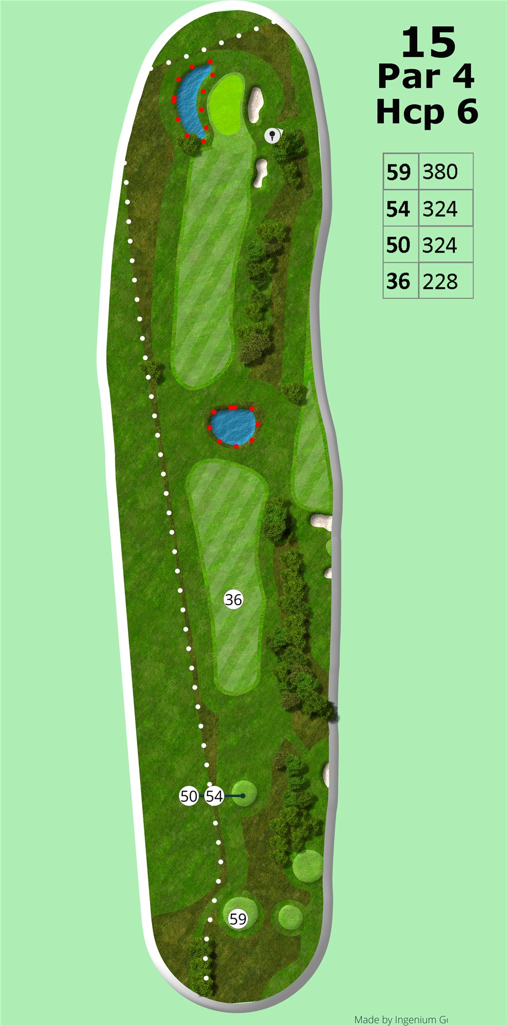 Hul 15
Et svært par 4 hul på 380m fra tee 59 og 324 fra tee 54/50. Den store sø i midten af fairway mindsker ens udslagsmuligheder, medmindre man slår langt eller går venstre om søen. Men ikke for langt venstre, da der er out of bounds op langs den side. En lille svær green venter en på den anden side af søen, med en bunker i højre side og sø i venstre side. En score i par er bedre end gennemsnittet.<br><br>