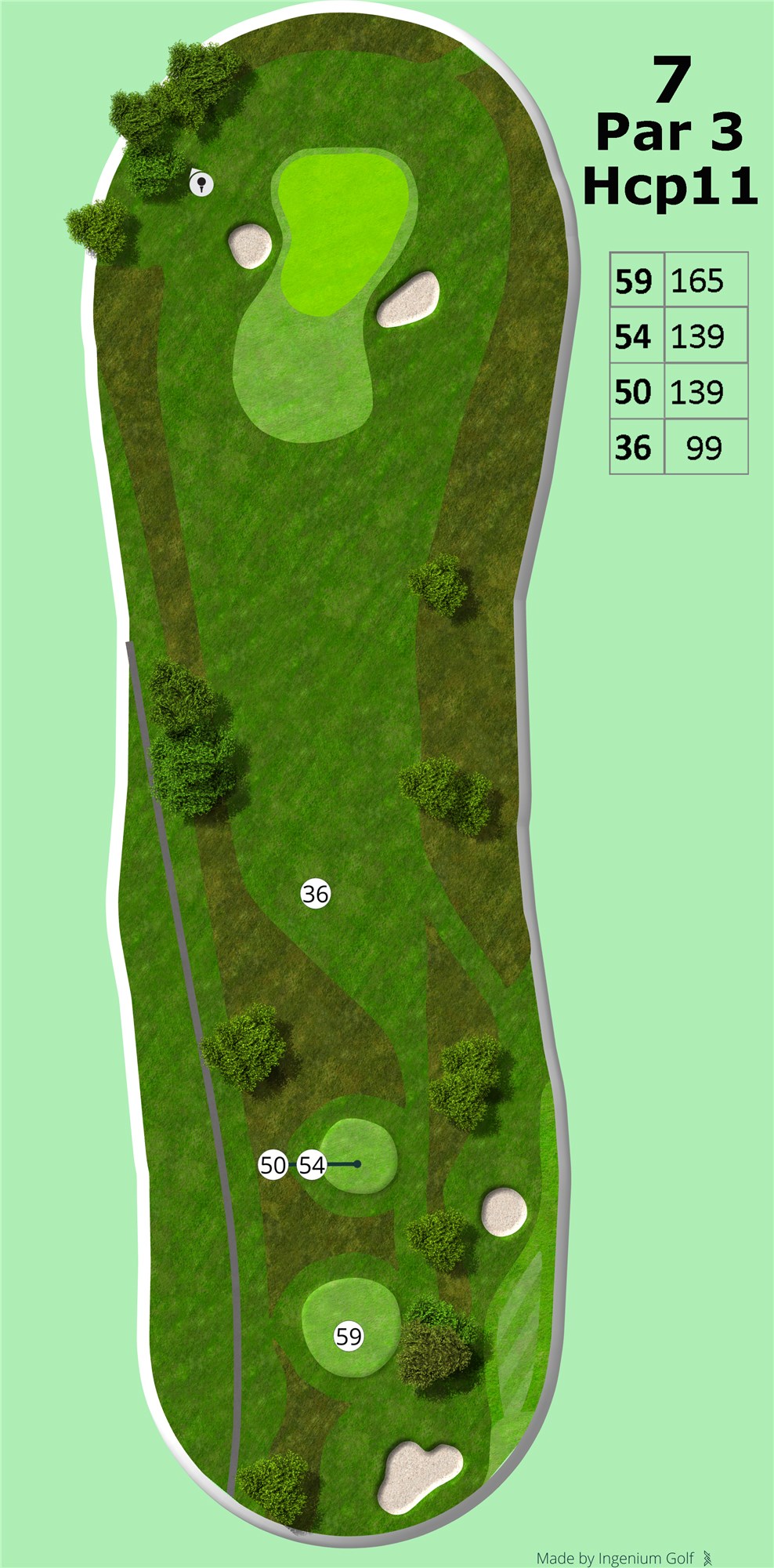 Hul 7
Et ned af bakke par 3 hul på 165m fra tee 59 og 139m fra tee 54/50. Dette hul kan variere meget i jernvalg, da green ligget ned ad bakke for ikke at nævne med og modvind. Beskyttet af 2 bunkers der i den grad er i spil.<br><br>