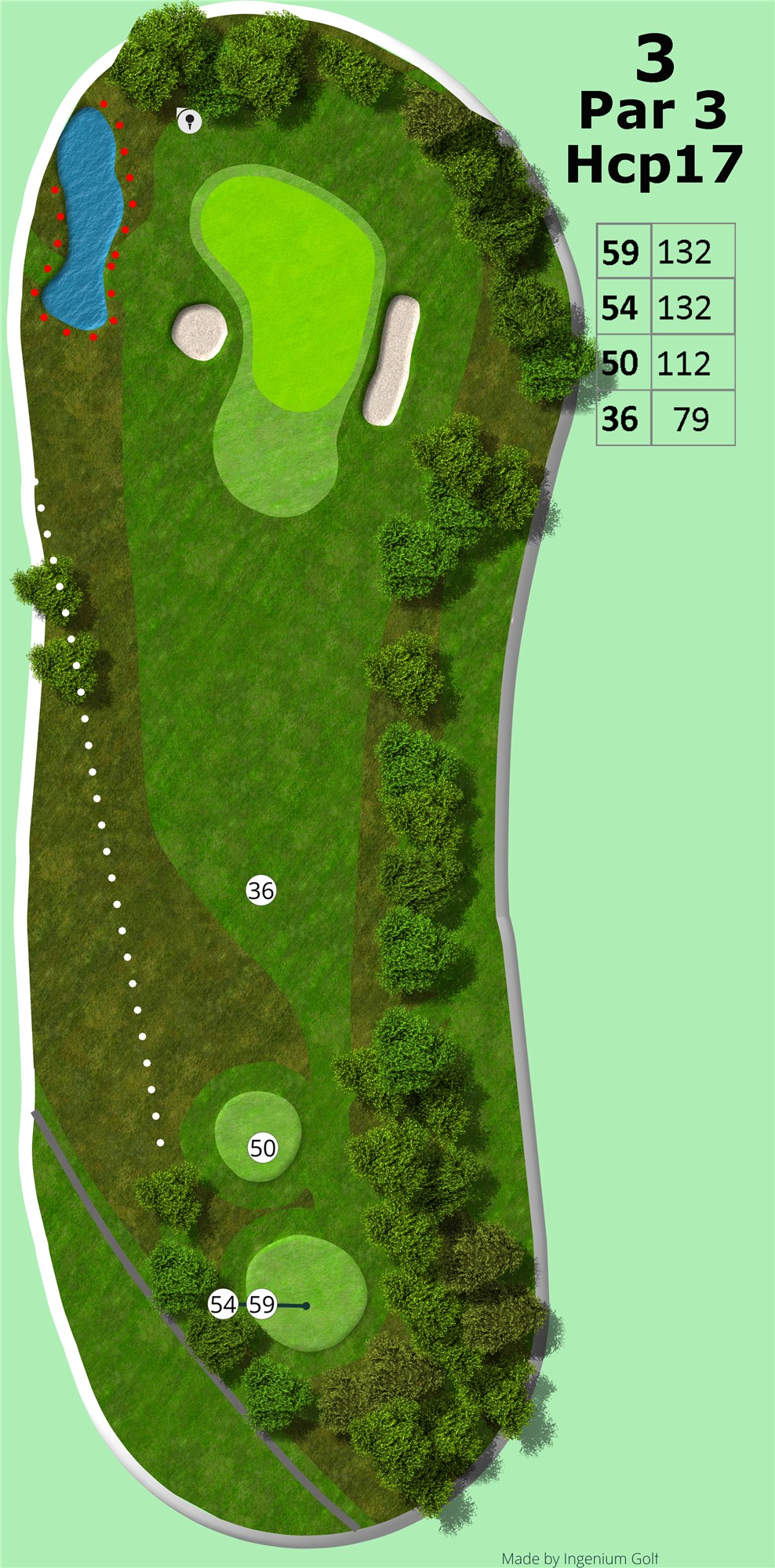 Hul 3
Et på papiret simpelt par 3 hul på 132m fra 59/54 og 112m fra tee 50. Men man skal ikke lade sig narre. Beskyttet af 2 bunkers tæt ved green og en stor sø i venstre side, skal man ikke slå meget skævt før man er i problemer.<br><br>