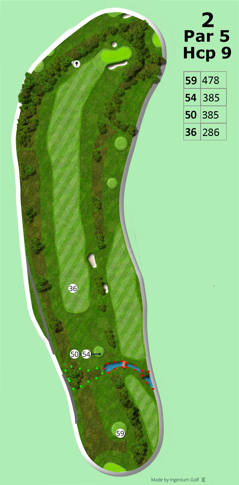 Hul 2
Dette er et mere tilgivende par 5 hul. Kan man komme godt fra start, er dette hul en god chance for at hente lidt point fra det første. Hullet er 478m fra tee 59 og 385m fra tee 54/50. Beskyttelsen ligger i indspillet, da greenen har bunkers til begge sider.<br><br>