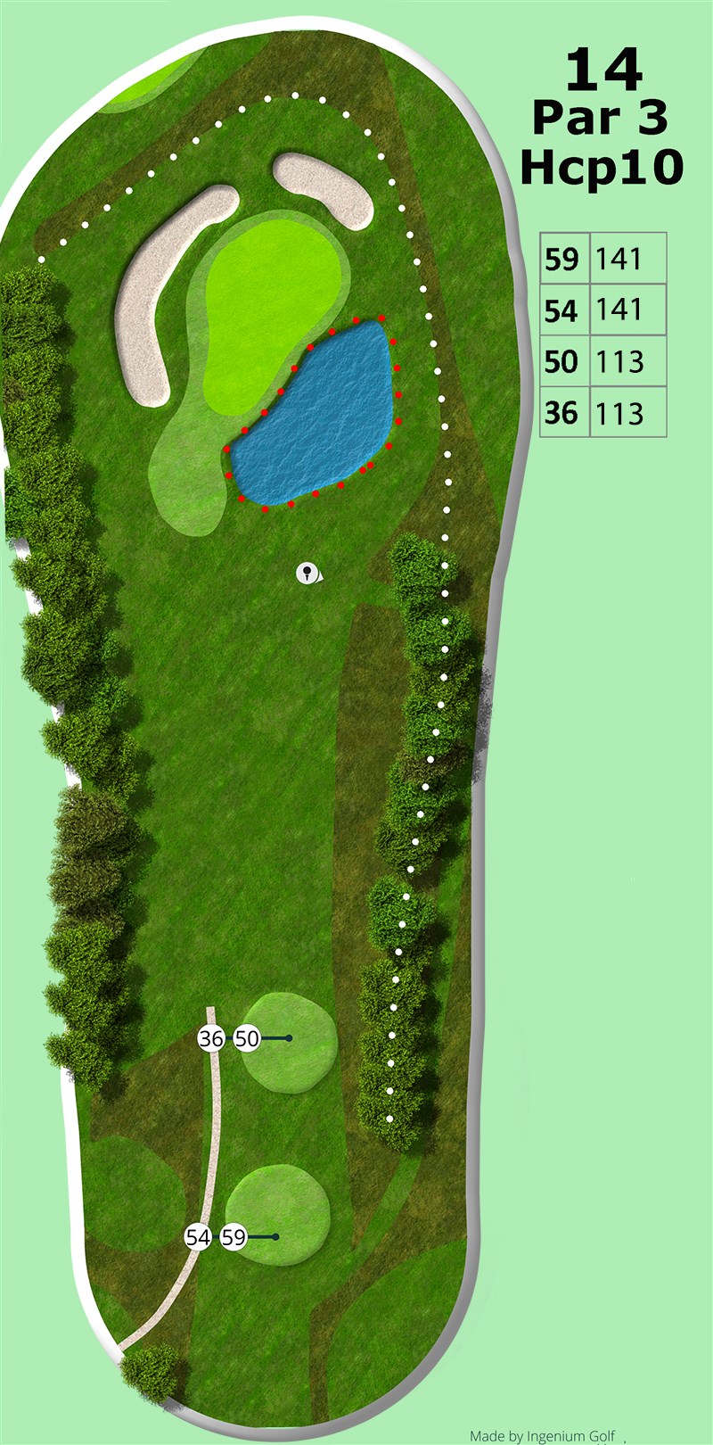 Hul 14
Et par 3 hul på 141 fra tee 59/54 og 113 fra tee 50. Dette hul spilles oftest i modvind. Hullet er forsvaret af en sø lige før green, som modtager mange offergaver i løbet af en sæson og 2 store bunkers, der snor sig rundt om greenen.<br><br>