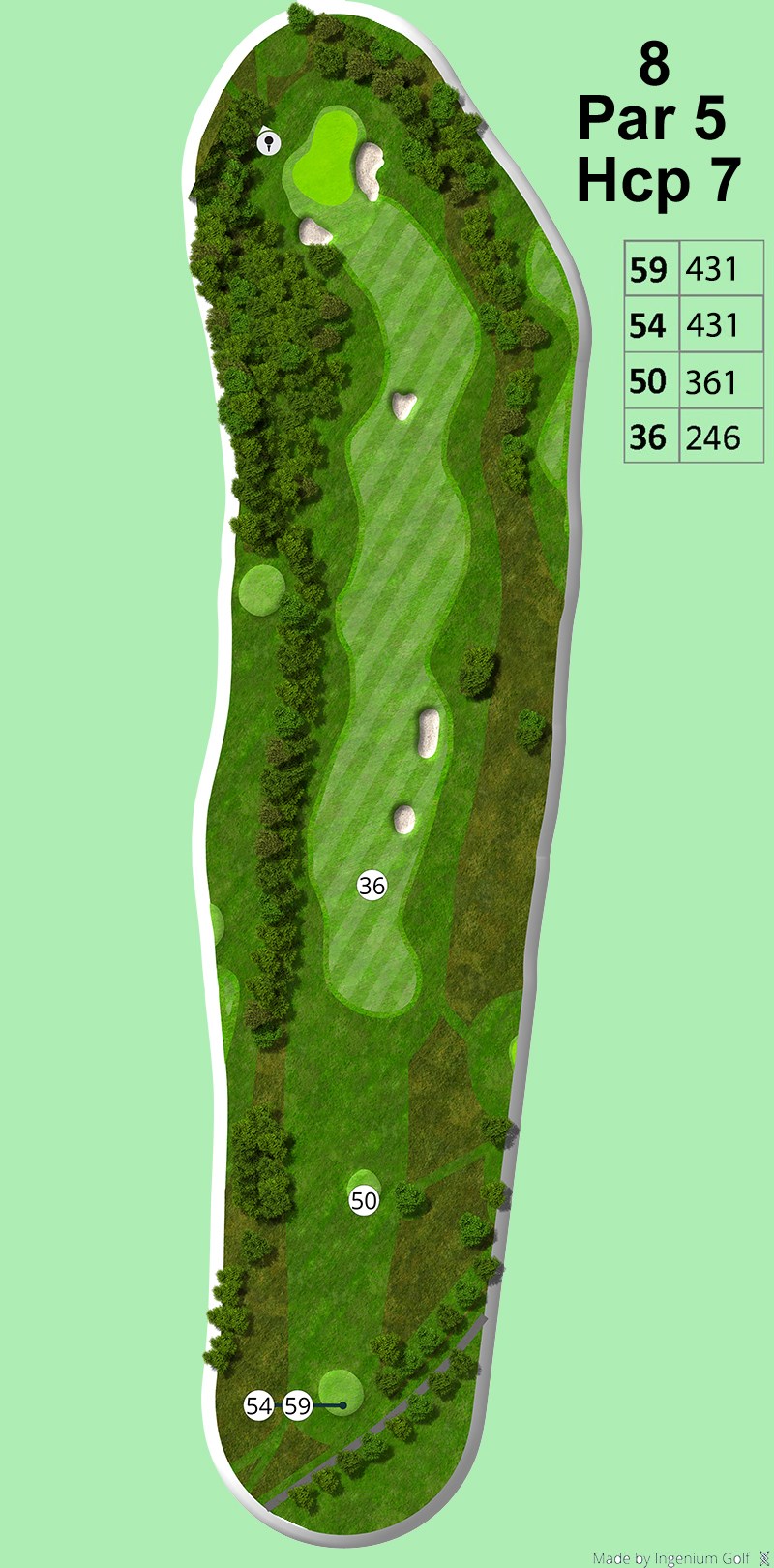 Hul 8
Et kort par 5 hul på 431m fra 59/54 og 361 fra tee 50. Hullet er fladt i starten, men midtvejs går det meget op bakke og spilles oftest i modvind. Så selvom hullet er kort, kan det godt give sine udfordringer.<br><br>